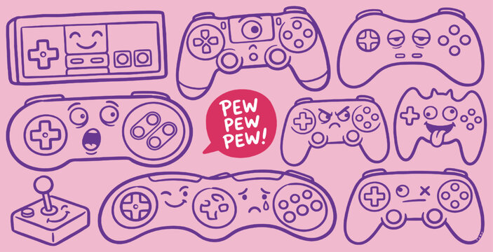 Collection of cute and funny cartoon video game controllers with different facial expressions.