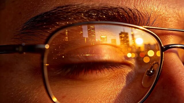 eye with cityscape reflection in glasses