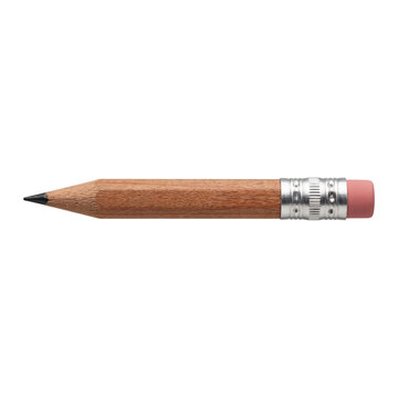 Short wooden pencil with pink eraser pointing left