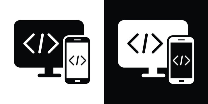 Laptop screen paired with a mobile smartphone, both displaying programming brackets. Concept of responsive web design, mobile app development, cross-platform coding, and tech devices.