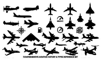 Obraz premium Comprehensive aviation history and types reference set featuring black silhouettes of military jet fighters commercial airplanes and cargo aircraft vector illustration