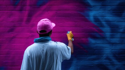 Fototapeta premium Vibrant street art emerges as an artist passionately spray paints a vivid brick wall with neon hues.