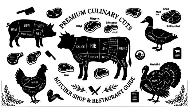 Premium culinary cuts diagram vector collection featuring cow pig chicken duck and turkey butcher shop silhouettes for restaurant and steakhouse menu design layouts
