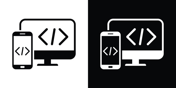 Laptop screen paired with a mobile smartphone, both displaying programming brackets. Concept of responsive web design, mobile app development, cross-platform coding, and tech devices.