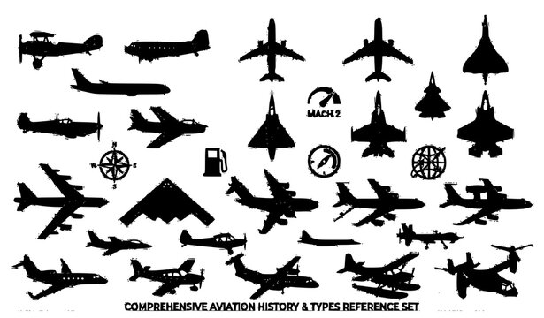 Comprehensive aviation history and types reference set featuring black silhouettes of military jet fighters commercial airplanes and cargo aircraft vector illustration