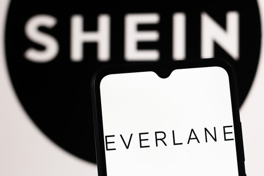 In this photo illustration, the Everlane logo is seen displayed on a smartphone screen and the Shein logo in the background.