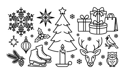 Christmas doodle vector set featuring winter elements outline icons snowflake pine tree reindeer ice skates gifts owl bird candle holly branch on white background © Hosneara