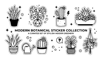 Modern botanical sticker collection vector set featuring line art indoor house plants potted cactus monstera and succulents isolated on white. (21 words) © Hosneara