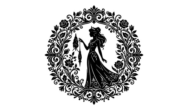 Elegant woman silhouette holding spindle inside decorative luxury round mandala frame with roses fairy tale sleeping beauty emblem black graphic vector sign