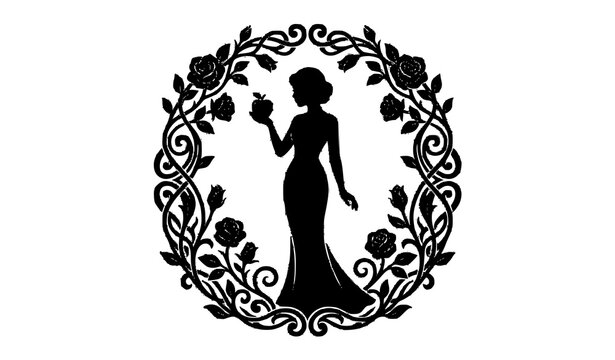Elegant woman silhouette holding apple inside a vintage rose wreath frame vector illustration for fairytale wedding invitation or logo design.