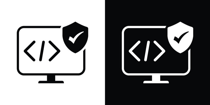 Laptop computer screen showing code brackets protected by a shield icon with a checkmark. Represents cyber security, safe coding practices, data protection, and secure software.