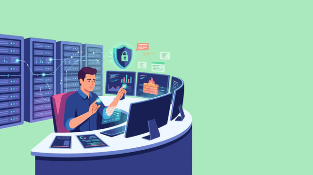 Cybersecurity Expert Monitoring Network Infrastructure and Data Security in Server Room Data Center Illustration