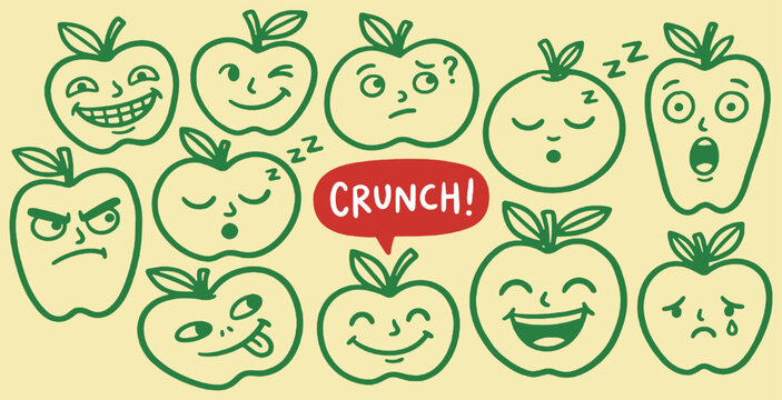 Collection of cartoon apples with different facial expressions and emotions, including happy, sad, angry, and sleepy.