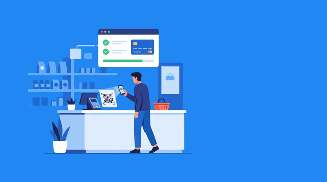 Man Scanning QR Code for Contactless Mobile Payment at Retail Store Checkout, Flat Vector Illustration of Digital Banking and Modern Shopping Technology
