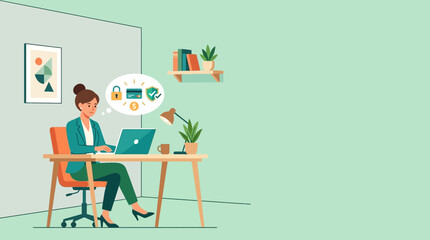Fototapeta premium Professional woman using laptop for secure online payments and digital banking, featuring cybersecurity icons like lock and shield in a flat vector illustration style.