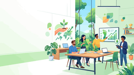 Fototapeta premium Diverse Business Team Collaborating on ESG Goals and Carbon Footprint Reduction in Sustainable Eco-Friendly Modern Office Illustration