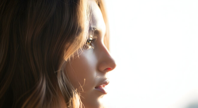 Beautiful young woman in side profile glowing under soft golden hour sunset light with a serene expression