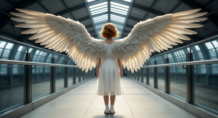 Fototapeta premium A young girl with large white angel wings stands at the end of a modern glass-enclosed walkway, back to the viewer, bathed in soft light.