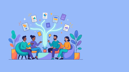 Naklejka premium Diverse Business Team Brainstorming and Sharing Creative Ideas with Data Icons Illustration