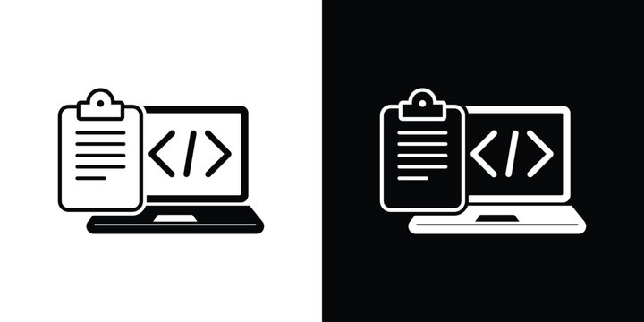 Laptop screen with programming code brackets and a clipboard checklist icon. Concept of software development project management, coding tasks, testing, and technical documentation.