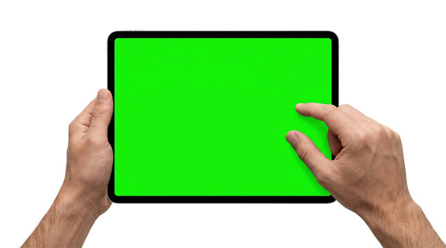 Hands touching blank green screen tablet display mockup