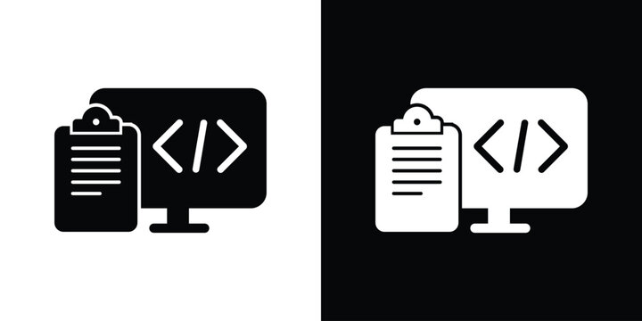 Laptop screen with programming code brackets and a clipboard checklist icon. Concept of software development project management, coding tasks, testing, and technical documentation.