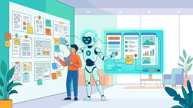 AI Robot and Human Designer Collaborating on UI UX Mobile App Development, Digital Interface Design and Prototyping Concept in Modern Workspace Illustration