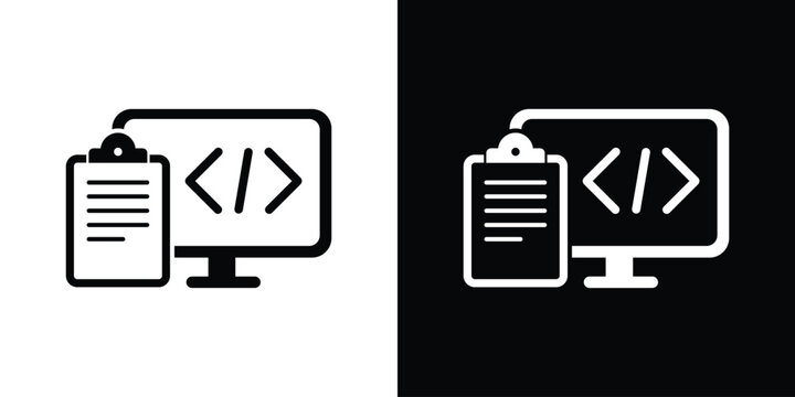 Laptop screen with programming code brackets and a clipboard checklist icon. Concept of software development project management, coding tasks, testing, and technical documentation.