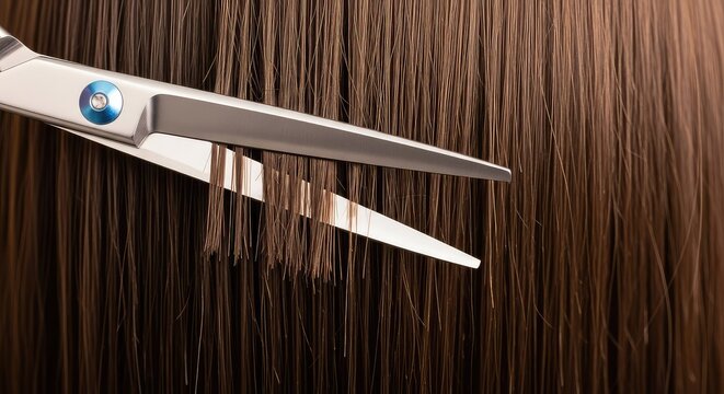 Professional hair shears delicately trimming damaged split ends from smooth brown strands using a precise dusting technique for healthy hair, damaged, trimming, split ends