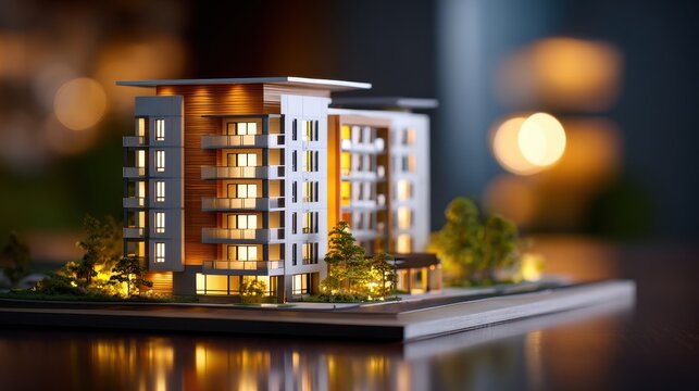 Illuminated architectural model of a modern residential building showcasing elegant design and warm urban living