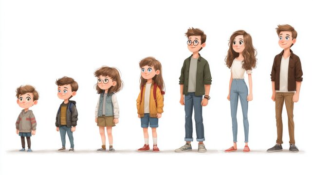 Growth Stages from Childhood to Adulthood Illustrated in a Charming Cartoon Style