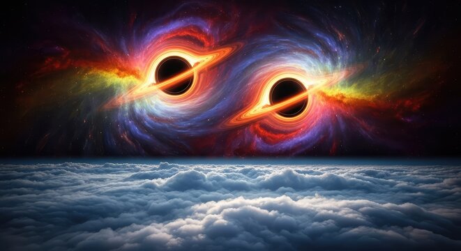 Twin fiery black holes rotate within a glowing nebular vortex, suspended above an atmospheric layer of billowing clouds in the cosmos, ethereal, heat, clouds