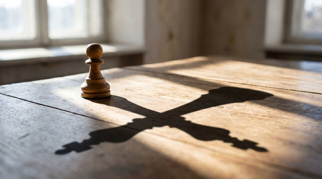 Chess pawn casting king shadow on wooden table for ambition and leadership concept