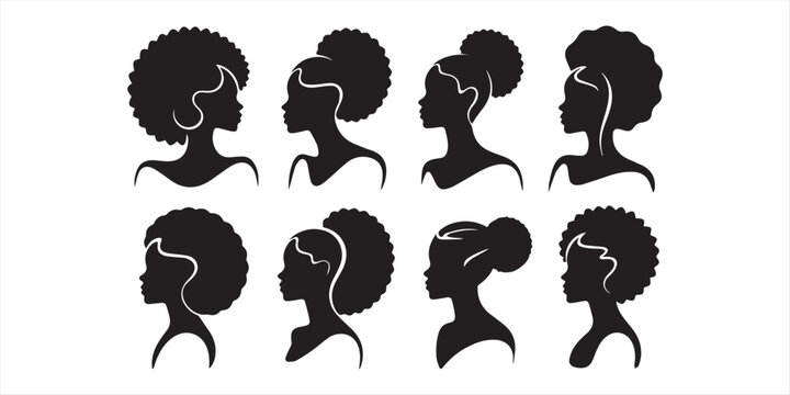 Black woman silhouette head profiles, set of African American female hairstyles, curly afro and braided hair vector icons for beauty branding,silhouette