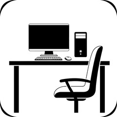 Fototapeta premium Minimalist Computer Office Setup Icon: Desk, Chair, and Components
