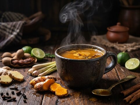 Traditional Indonesian Jamu Herbal Drink Turmeric Ginger Natural Wellness Flat Lay