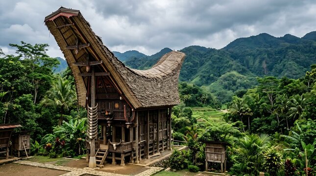 Traditional Toraja Tongkonan House Curved Roof Lush Green Sulawesi Indonesia Architecture