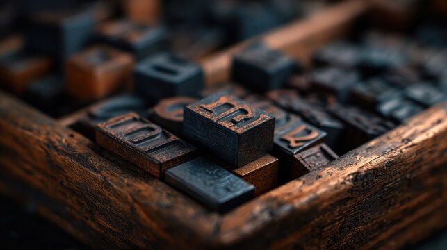 Vintage letterpress type blocks crafted from aged metal and wood, carefully arranged in a rustic drawer.