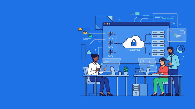 Cybersecurity and Cloud Data Encryption Concept. IT Professionals and Software Developers Working to Secure Digital Information in a Modern Office Illustration.