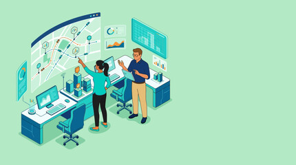 Naklejka premium Smart City Management Hub: Isometric Illustration of a Control Center for Urban Logistics and Big Data Analysis