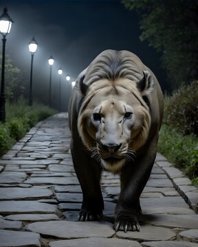 A takin lion   genetic hybrid fantasy animal, fictional species , in a stone walkway