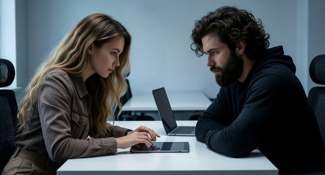 Two professionals collaborate intently at a modern office desk, focused on digital devices in a sleek, minimalist workspace.