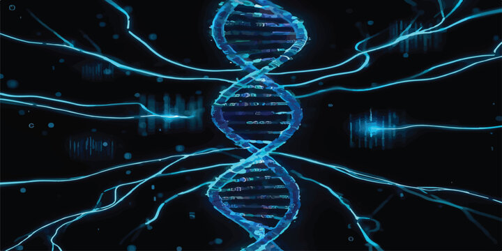 Blue DNA double helix with electric energy pulses biotechnology science and technology abstract genetic research electric molecule technology abstract research lightning