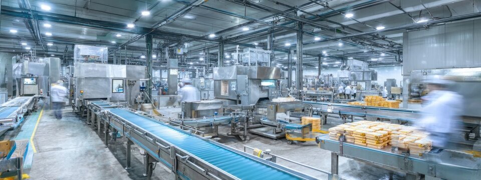 Modern Food Processing Factory with Stainless Steel Equipment and Conveyor Systems in Action