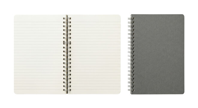 Open blank spiral notebook and closed grey cover notebook