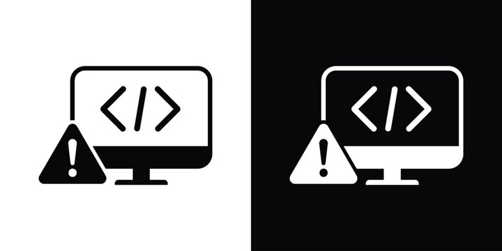 Laptop screen showing code brackets with a prominent warning triangle icon. Concept for software bug, coding error, system crash, technical alert, or cyber threat.
