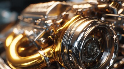 Fototapeta premium Turbocharged Chrome Engine Detail Focusing on Flowing Components in a Performance Sports Car