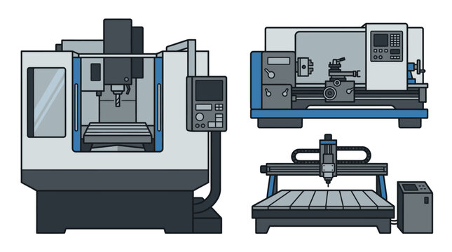 CNC Milling Machine, Lathe, and Router for Industrial Manufacturing on an isolated white background.