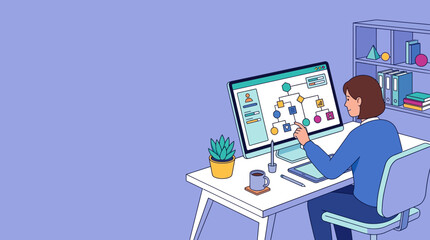 Fototapeta premium Business Woman Analyzing Workflow Process and Flowchart on Computer Screen in Office Illustration