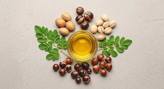 Natural African Shea Butter with Nuts and Leaves on Neutral Background. african botanical oil